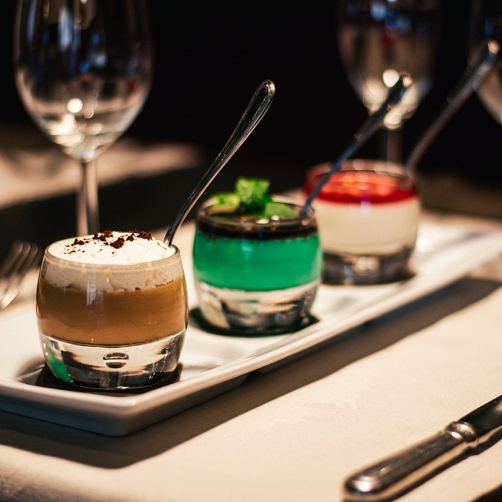 Trio de desserts en verrines sur une table dressée