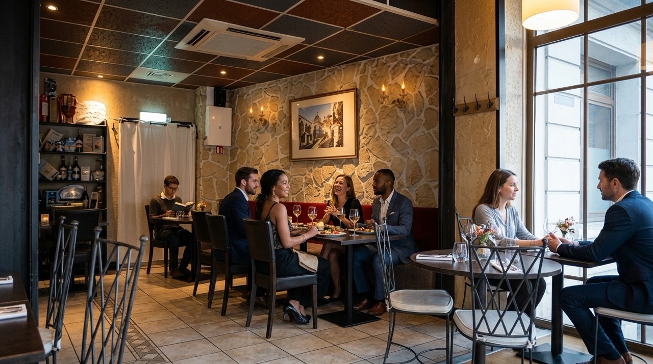 Salle chaleureuse du restaurant Monteleone avec des clients à table